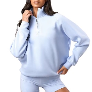 Sweat-shirt à col montant en molleton 100 % coton bleu clair pour femme, fermeture éclair quart de tour, manches longues, tenue décontractée - Product Image 1