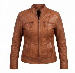 Veste en cuir marron clair pour femme, col montant, multi-zips, style motard, coupe ajustée, fournisseur en gros - Product Image 3