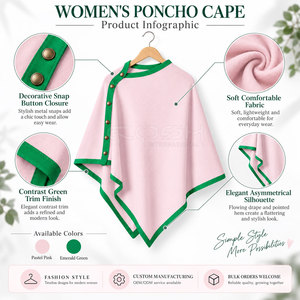 Poncho asymétrique Cosh International Sorority Sisterhood, bordure rose et verte, col rond, manches longues, fermeture boutonnée, toutes saisons - Product Image 6