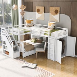 White Twin Over Full L Shaped Bunk <b>Bed</b> with <b>Portable</b> Desk and Wardrobe 3 Drawers-Kids' Furniture Set (OLD SKU LT000542AAK) - Product Image 1