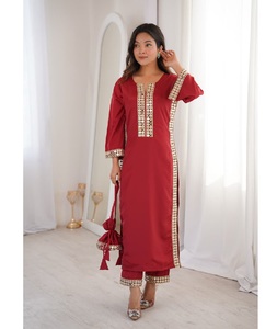 Tenue traditionnelle indienne en crêpe naturel avec dentelle à miroirs véritable, ensemble salwar kameez et dupatta en dentelle à miroirs véritable pour femmes - Product Image 1