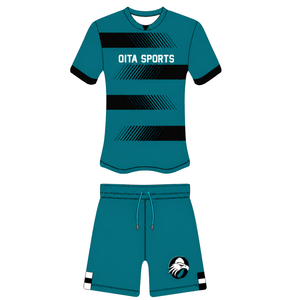 Ensemble short et maillot de rugby noir et bleu sarcelle, manches courtes, col rond, uniforme d'équipe rayé, personnalisable, respirant, pour l'entraînement et la performance athlétique - Product Image 1