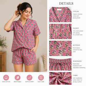 Conjunto de Pijama Corto de Algodón para Mujer con Estampado Floral Rosa Hecho a Mano, Camisa de Manga Corta y Pantalones Cortos, Conjunto Casual de Obra Maestra Hecha a Mano - Product Image 5