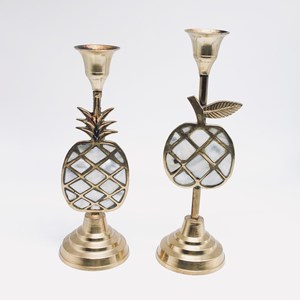 Paire de bougeoirs vintage en laiton et nacre, bougeoirs vintage en métal, pomme et ananas - Product Image 1