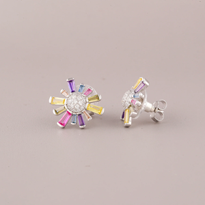 Flower Shape <b>Stud</b> <b>Earrings</b> With Colorful Zircon Stones Silver Plated Alloy Women's Party Jewelry Cute Design - Product Image 1
