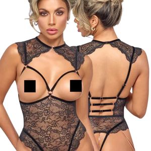 Women's Black Lace Bodysuit Sexy See-Through Lingerie with Rhinestone Decoration Push up Chest Pad Embroidery Washed - Product Image 3