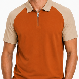 Premium Men's Quarter Zip Raglan <b>Polo</b> Shirt <b>Orange</b> Beige Two Tone Short Sleeve Golf <b>Polo</b> Shirts - Product Image 2