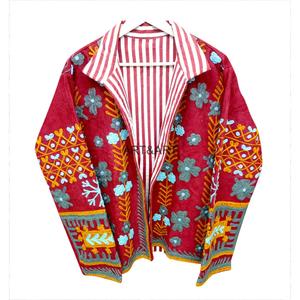 Red <b>Corduroy</b> Mandarin Collar Quilted <b>Jacket</b> Hand Embroidered Floral Pattern Full Sleeve Women's Autumn Eco-Friendly Breathable - Product Image 2