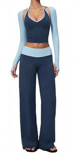 Conjunto de yoga de 3 piezas para mujer con cintura doble: pantalones de pierna ancha, top corto halter y bolero de manga larga - Product Image 5