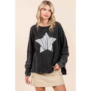 Mittoshop Top de manga larga para mujer con gráfico de estrella Mineral Wash Sudadera con capucha y sudadera - Product Image 2