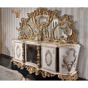 Aparador de Lujo Real de Madera de Teca Sólida, Mueble Clásico Tallado, Espejo de Pared Dorado Ornamentado, Muebles para Comedor y Villa - Product Image 1