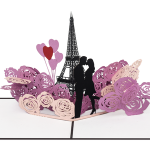 Tarjeta Pop-Up 3D al por Mayor con Temática de Amor, Diseño Floral de Pareja en la Torre Eiffel, Tarjeta de Felicitación Hecha a Mano para el Día de San Valentín, Arte de Recorte de Papel - Product Image 3