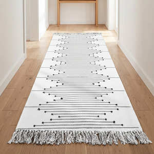 Flat Weave Boho Cotton Hallway Rug With Geometric Pattern & Tassels For Home Use Minimal Tufted Boho Entry Door Rugs - Product Image 1