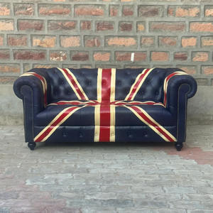 Vintage Union Jack Leather <b>Sofa</b> Deep Button Tufted Back Rolled Arms <b>Wood</b> <b>Frame</b> Luxury Living Room Transitional Eco-Friendly - Product Image 2