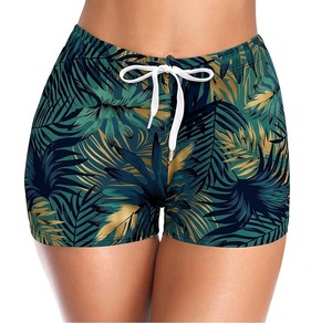 Shorts de Baño para Mujer con Estampado de Hojas Tropicales, Cintura Elástica con Cordón, Corte Regular, Poliéster Elástico, Ropa de Playa - Product Image 1