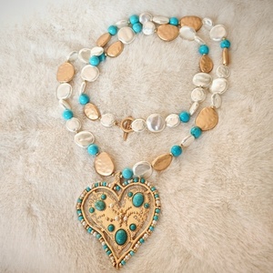Collier long fait main vintage en forme de cœur avec perles de turquoise verte et pierres naturelles, pendentif chaîne de pull - Product Image 3