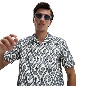 เสื้อเชิ้ตลำลองผ้าฝ้ายแท้พิมพ์ลายแจ็คการ์ดอิคัตสำหรับผู้ชาย – เนื้อผ้านุ่ม ระบายอากาศได้ดี แรงบันดาลใจจากวัฒนธรรมพื้นเมือง แขนยาว ติดกระดุม ทรงปกติ ใส่ได้ทุกวัน - Product Image 1