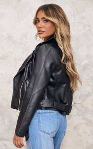 Veste en cuir pour femme avec fermeture éclair, poches, style décontracté, ample, respirante, tricotée, unie, teinte unie - Product Image 5