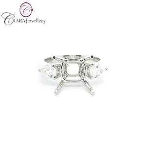 18K AU750 CLASSIC WHITE GOLD NATURAL DIAMOND 8x8MM <b>CUSHION</b> SHAPE THREE STONE <b>RING</b> MOUNT WITH PEAR SHAPE DIAMONDS on SHOULDER - Product Image 1