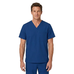 Men's Blue V-Neck <b>Scrub</b> <b>Top</b> Woven Spandex Hospital Uniforms Medical Use Needle Detection Seamless Fusing Custom Embroidered - Product Image 1