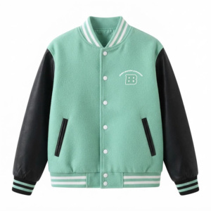 Chaqueta Varsity Verde Menta con Mangas Negras, Cuello Alto, Estilo Preppy, Cierre de Botones, Corte Regular, Unisex, Ropa de Invierno, Bordado - Product Image 1
