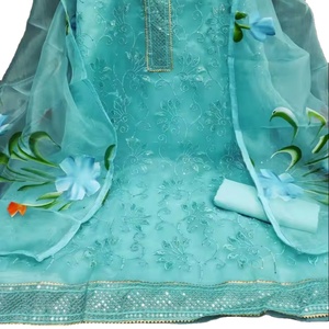 Vêtement de robe Salwar Kameez pour femmes en soie pure à 100%, tissu brodé, liens en organza, vêtements indiens et pakistanais en gros - Product Image 2