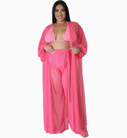 Plus Size Sheer Mesh 3-delige badpakset Halter Bikini Lange Mouwen Open Voorkant Maxi Sarong Wijde Pijpen Broek Dames Badkleding