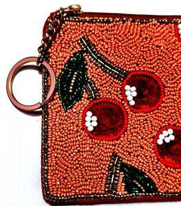 <b>Red</b> Rectangular Textile <b>Purse</b> With Gold Keychain Ring Zipper Closure - Product Image 3