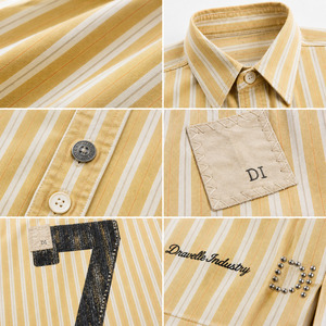 Chemise Y2K rayée jaune moutarde pour homme, coupe oversize, effet vieilli, motif numéro 7, manches courtes, style streetwear, boutonnée, vente en gros - Product Image 6