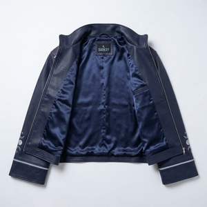 Streetwear <b>Real</b> <b>Leather</b> Bomber <b>Jacket</b> With Moon Embroidery Streetwear Style Autumn Zipper Closure Stand Collar - Product Image 5