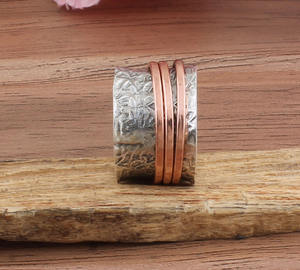 Anillo de Plata de Ley 925 Martillado para Mujer, Estilo Vintage, Sólido, Giratorio, con Tres Capas de Cobre, Anillo Ancho de Boda, Venta al por Mayor - Product Image 3