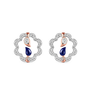 Rose Gold Floral <b>Blue</b> Enamel Diamond <b>Stud</b> <b>Earrings</b> - Product Image 1