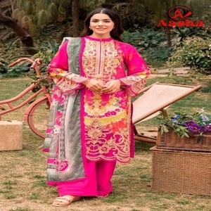 Diseño moderno, nueva variedad de algodón con estampado y parches bordados, conjunto de salwar-kameez y dupatta semicosturado, proveedor indio. - Product Image 1