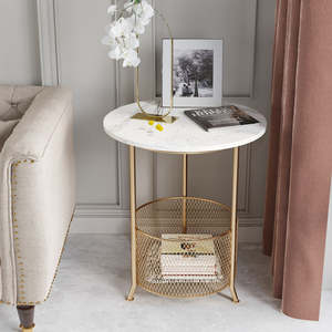 Mesa Auxiliar con Tapa de Mármol, Estructura de Metal Dorado, Cesta de Almacenamiento, Soporte para Café o Plantas, Mueble Moderno para Sala de Estar, Sofá, Hogar - Product Image 2