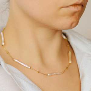 Collar de perlas Biwa de barra larga, elegante gargantilla de perlas, joyería impermeable, regalo para ella, plata de ley 925, oro de 14 quilates - Product Image 3