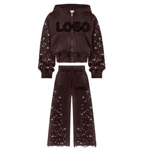 Custom Logo Women Rhinestone Tracksuit Set <b>Zip</b> <b>Up</b> <b>Cropped</b> Hoodie Wide Leg Sweatpants Set Embellished Heavyweight 2 Piece Set - Product Image 4