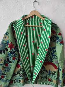 Chaqueta Bordada Suzani Verde Hecha a Mano, Abrigo Boho Indio, Chaqueta Corta Suzani Vintage, Blazer Bordado para Mujer, Abrigo TNT - Product Image 3