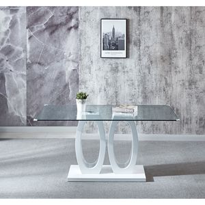 Modern MDF <b>Dining</b> <b>Table</b> with Clear Glass <b>Top</b> White Finish Designed for 6 People - Product Image 2