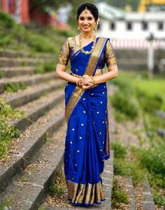 Sari semi-katan avec bordure tissée Zari, sari en soie avec travail Booti, sari de créateur avec pallu riche en brocart, sari de mariage de créateur avec blouse - Product Image 1