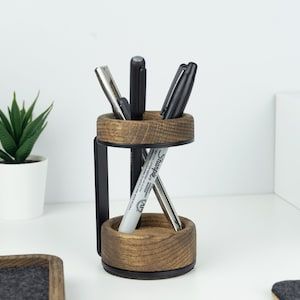 Organisateur de bureau en bois massif naturel, support de présentation pour fournitures de bureau, rangement de bureau en bois fait main pour la papeterie - Product Image 2
