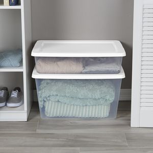 Contenitore di Stoccaggio Piccolo, Contenitore in Plastica Trasparente da 28 Quarti con Coperchio a Scatto, Bianco, Confezione da 6 - Product Image 1
