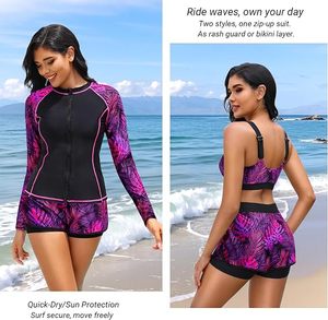 Women's 3 Piece Swimwear <b>Set</b> High Neck Long Sleeve Top Bandeau Bra Shorts Plant Print Contrast Binding Spandex Polyester - Product Image 5