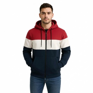 Red, <b>White</b> & Navy Colorblock <b>Zip</b> <b>Up</b> Hoodie | Custom Men's Fleece Sweatshirt Manufacturer | Wholesale B2B Apparel Bangladesh - Product Image 1