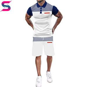 Conjunto de Camiseta Polo y Pantalones Cortos Casuales de Verano para Hombre, Diseño a Rayas con Bloques de Color, Tejido Transpirable, Detalles en Blanco, Azul y Rojo - Product Image 4