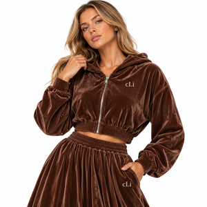 High Quality Chocolate Brown Velour Crop Zip Jacket Floor Length flare Skirt Custom Manufacturer <b>Women's</b> <b>Velvet</b> <b>Tracksuit</b> Hoodie - Product Image 2