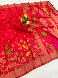 ส่าหรีผ้าไหมโดลาแท้สำหรับผู้หญิงผ้าแจ็คการ์ดสานด้วยการออกแบบจาก Zari Pallu และชายแดน Meenakari Bandhani - Product Image 4
