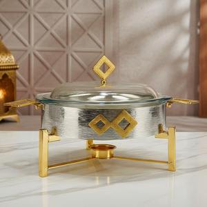 Luxury Arabic Oval Glass Chafing Dish Stainless Steel Silver Gold Stand Handle Top Knob Ramadan <b>Buffet</b> <b>Server</b> Single Unit - Product Image 4