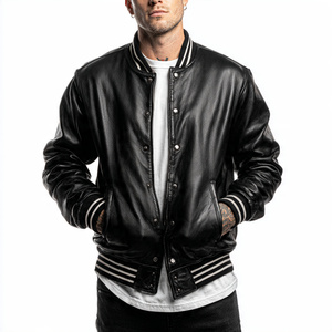 Men <b>Leather</b> Varsity <b>Jacket</b> Crew Neck <b>Long</b> Sleeve PU <b>Leather</b> Varsity <b>Jackets</b> Men Button Up Baseball <b>Leather</b> Varsity <b>Jacket</b> Tops - Product Image 1