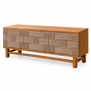 Buffet multifonction moderne de luxe en teck massif avec portes et tiroirs en rotin, style mi-siècle, pour rangement de salon - Product Image 3