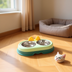 Yommy <b>Cat</b> Ear Double Bowl 35cm Stainless Steel Pet <b>Feeder</b> for <b>Cats</b> and Dogs - Product Image 3